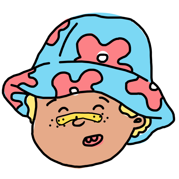 Illustration of a kid with a floral sun-hat and sunblock