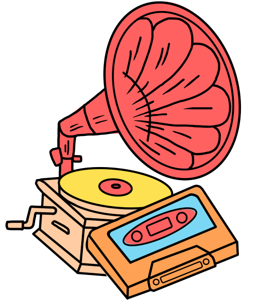 Illustration of a grammaphone and a casette tape